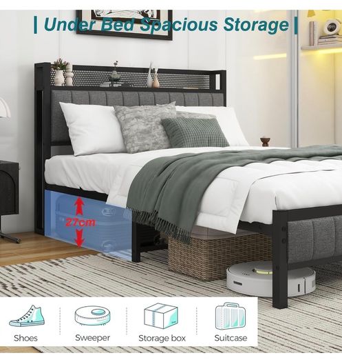 4ft6 Double Bed Frame With Storage Headboard, Dark Grey Upholstered Platform Bed Frame,Mattress Foundation,Metal Slat Support,No Box Spring Needed
