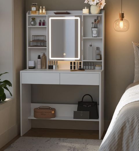 Led Dressing Table with Lighting, Mirror with LED, 2 Drawers with Adjustable Shelves 3 Colours with Adjustable Brightness White