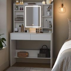 Led Dressing Table with Lighting, Mirror with LED, 2 Drawers with Adjustable Shelves 3 Colours with Adjustable Brightness White