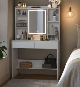 Led Dressing Table with Lighting, Mirror with LED, 2 Drawers with Adjustable Shelves 3 Colours with Adjustable Brightness White