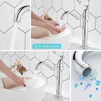 Bathroom Basin Mixer Tap, Mono High Rise Tap for Counter top Basin, Tall Traditional Sink Faucet with Ceramic Lever, Washroom Classic Taps, 360 Swivel, Retro Style, Brass, Chrome