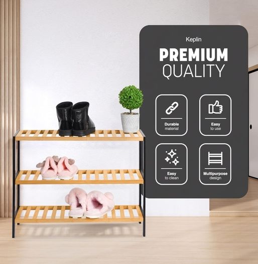 3 Tier Natural Bamboo Shoe Rack, Easy Assembly & Strong Design  Ideal for Corridor,Bedroom,Bathroom,Hallway & Small Spaces Large Capacity Up to 9 Pairs of Shoes(55x70x25cm)