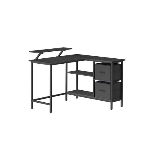 L-shaped desk with monitor stand and shelf