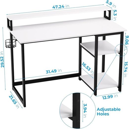 Computer Desk with Full Monitor Stand,120 cm Home Office Desk with Reversible Storage Shelves,Small Study Desk with Headphone Hook and Cup Holder,White