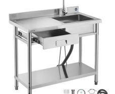 Utility Sink, Free Standing Single Bowl Commercial Kitchen Sink with Drawer, Faucet and Hot & Cold Water Pipe, Utility Basin for Garage Restaurant Laundry, 1000 x 500 x 940 mm