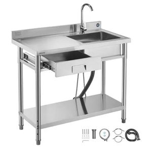 Utility Sink, Free Standing Single Bowl Commercial Kitchen Sink with Drawer, Faucet and Hot & Cold Water Pipe, Utility Basin for Garage Restaurant Laundry, 1000 x 500 x 940 mm