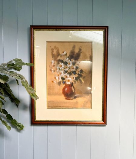 Original Vintage Watercolour Painting Still Life Daisies in Terracotta Vase Signed