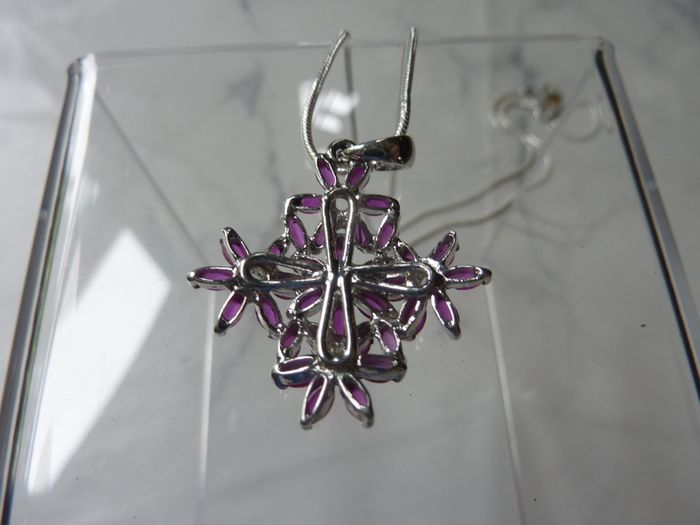 Ruby Cluster Snowflake Pendant Necklace, 925 Sterling Silver, 18 inch Chain