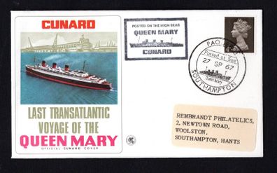 1967 Great Britain Cover Celebrating Cunard Last Transatlantic Voyage of the Cunard Queen Mary Cover with with Southampton Paquebot cancel with separate cancel posted on the High seas