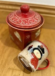 Christmas candy storage jar and mug with snowman.