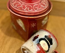 Christmas candy storage jar and mug with snowman.