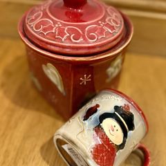 Christmas candy storage jar and mug with snowman.
