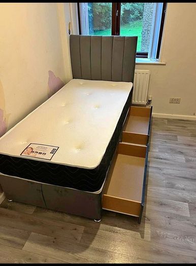 New Single Divan beds. Single tufted memory foam mattress. Drawer storage and multiple designs for Headboard available