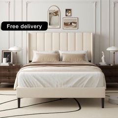 Double Bed Frame with Headboard, Vertical Channel Tufted