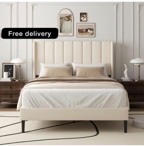 Double Bed Frame with Headboard, Vertical Channel Tufted
