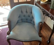 Pair of blue velvet buttoned armchairs with twisted wooden legs immaculate condition