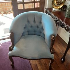 Pair of blue velvet buttoned armchairs with twisted wooden legs immaculate condition