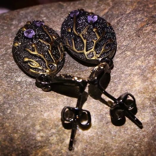Beautiful Branch Earrings by R'Laith  Purple Zircon Stud Flower Plum Tree Branch Blossom Hoop