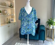 Ladies Blue & Green Button-down blouse with printed blouson sleeves from Blancheporte