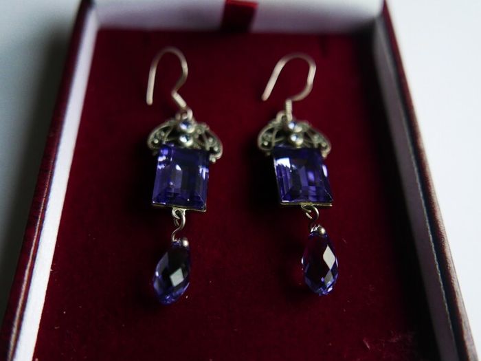 Vintage Sterling Silver 925 Dainty Violet Crystal and Silver Earrings 8,8g