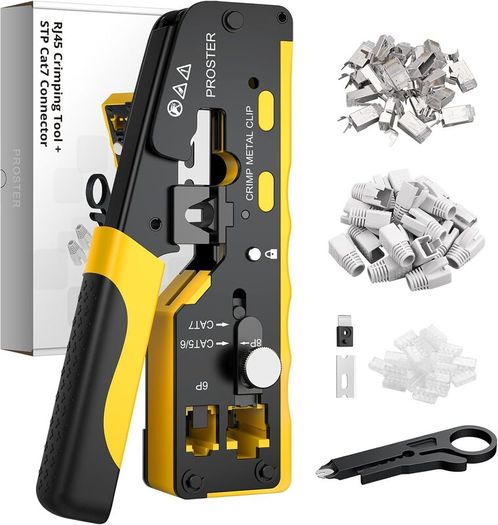RJ45 Crimp Tool - 3 in 1 Pass Through Ethernet Crimping Tool Kit with 20PCS CAT7 Gold-Plated Copper Shielded Connectors & 20PCS Protection Covers for 8P CAT5 Cat6 CAT7 & 6P RJ11 RJ12