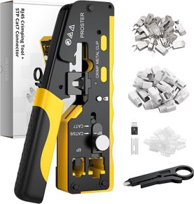 RJ45 Crimp Tool - 3 in 1 Pass Through Ethernet Crimping Tool Kit with 20PCS CAT7 Gold-Plated Copper Shielded Connectors & 20PCS Protection Covers for 8P CAT5 Cat6 CAT7 & 6P RJ11 RJ12