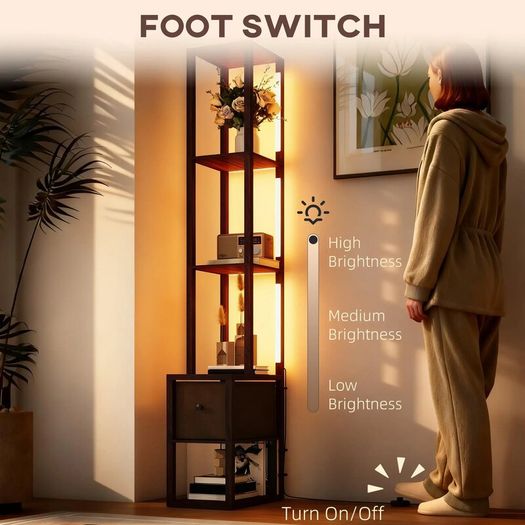 Floor Lamp with Shelves, LED Column Modern Standing Lamp with Fabric Drawer