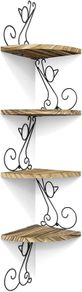 SALE | Corner Shelf Wall Mount of 4 Tier Rustic Wood Floating Shelf Cat Shape Metal Stand for Bedroom Living Room Bathroom Kitchen Office and More Carbonized