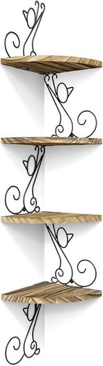 SALE | Corner Shelf Wall Mount of 4 Tier Rustic Wood Floating Shelf Cat Shape Metal Stand for Bedroom Living Room Bathroom Kitchen Office and More Carbonized