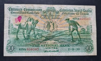 Ireland 1939  1 Pound Ploughman The National Bank Limited Banknote