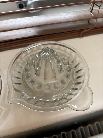 A bundle of vintage - retro pieces, Carnival Glass , Anchor Hocking Fire King, Large Ribbed Glass Butter Dish, Citrus Juicer, Three Footed Glass Sugar Bowl and Jug
