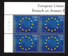2006 Ireland 20th Anniversary of The European Union Flag Commemorative Stamp Plate Block 1A1A1A1A Mint Never Hinged (MNH)