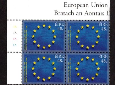 2006 Ireland 20th Anniversary of The European Union Flag Commemorative Stamp Plate Block 1A1A1A1A Mint Never Hinged (MNH)