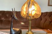Mid Century Chic Brass Stylised Lamp with Smokey Glass Shade 1970s