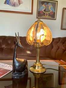 Mid Century Chic Brass Stylised Lamp with Smokey Glass Shade 1970s
