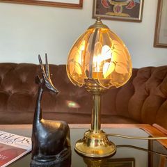 Mid Century Chic Brass Stylised Lamp with Smokey Glass Shade 1970s