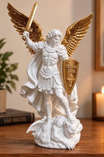 Saint Michael the Archangel Statue White and Gold Religious Decor