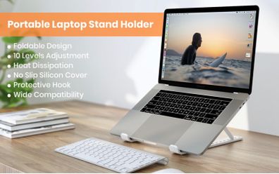 Portable Laptop Stand,10 Levels Height Adjustable Laptop Holder,Lightweight ABS+Silicone Foldable Laptop Riser,Notebook Cooling Stand PC Riser for All Laptops Tablets-White