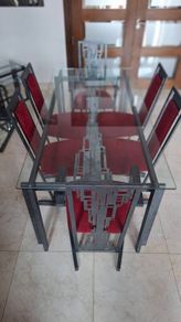 Dining table, chairs, mirror, nest of tables
