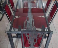 Dining table, chairs, mirror, nest of tables