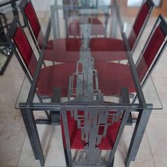 Dining table, chairs, mirror, nest of tables
