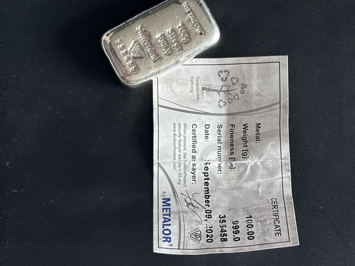 100g Silver bar with Certificate