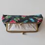 Vintage 1960s black purse with floral pattern pink green lipstick make up brass clasp retro Image 3
