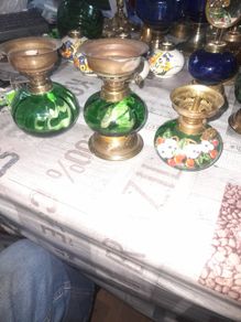 3 Beautiful Old Green Glass Oil Lamps, Postage Available
