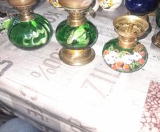3 Beautiful Old Green Glass Oil Lamps, Postage Available
