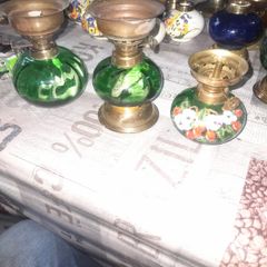3 Beautiful Old Green Glass Oil Lamps, Postage Available
