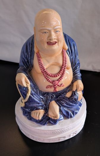 Ceramic Laughing Buddha Lamp Base Blue Robe Budai Hotei Vintage 20cm