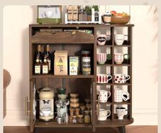 Kitchen Storage Cupboard with Mug Holder Display, Kitchen Sideboard with Drawers & Double Doors, Pantry Cabinet Unit Perfect for Coffee Station, Living Room Buffet & Home Drinks Bar - Brown