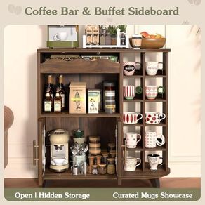 Kitchen Storage Cupboard with Mug Holder Display, Kitchen Sideboard with Drawers & Double Doors, Pantry Cabinet Unit Perfect for Coffee Station, Living Room Buffet & Home Drinks Bar - Brown