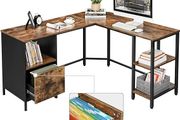 L-shaped computer desk vintage brown-black desk, L-shaped computer desk, office table with cabinet and hanging registry, 2 shelves, home office, space-